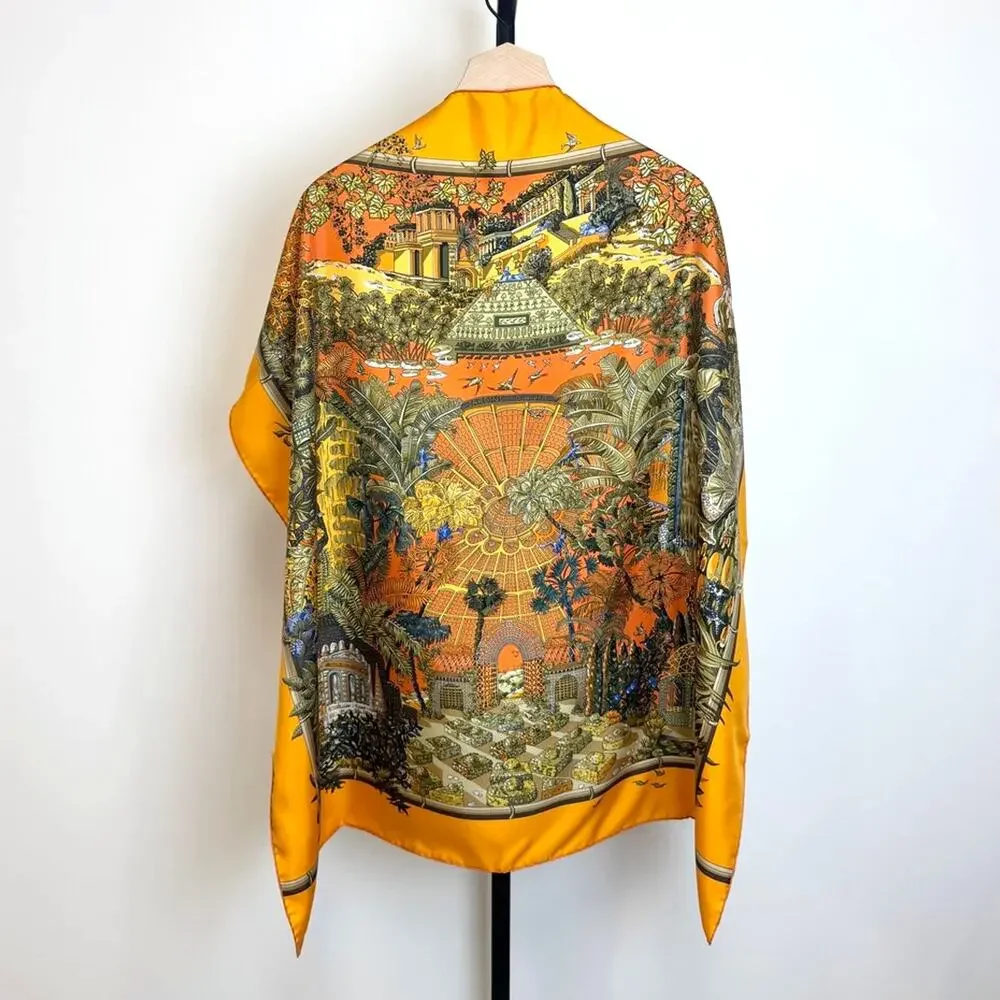 HERMES Carre 90 Orange Jardins d'Hiver Silk Scarf NEW Bamboo Pattern with Box
